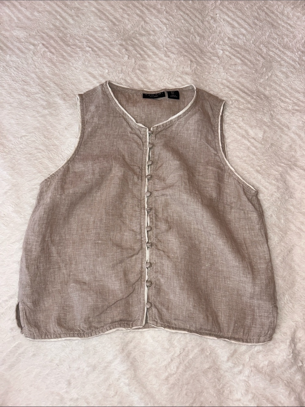 Tahari Taupe Linen Sleeveless Button-Front Top with Cream Trim